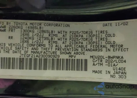 2003 Toyota Highlander Limited V6 z USA, uszkodzony, nr VIN JTEGF21A230090929